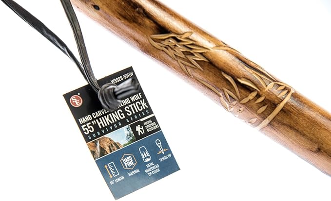 SE Survivor Series Wooden Walking/Hiking Stick with Hand-Carved Howling Wolf Design, 55"